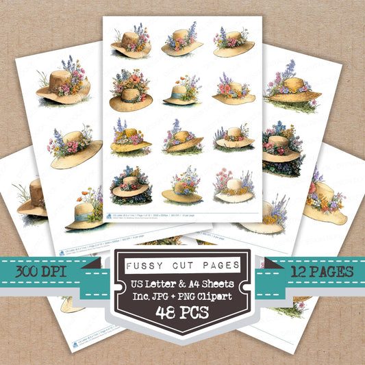 Wildflower Straw Hat fussy cut printable sheets for junk journaling, scrapbooking, and paper craft projects
