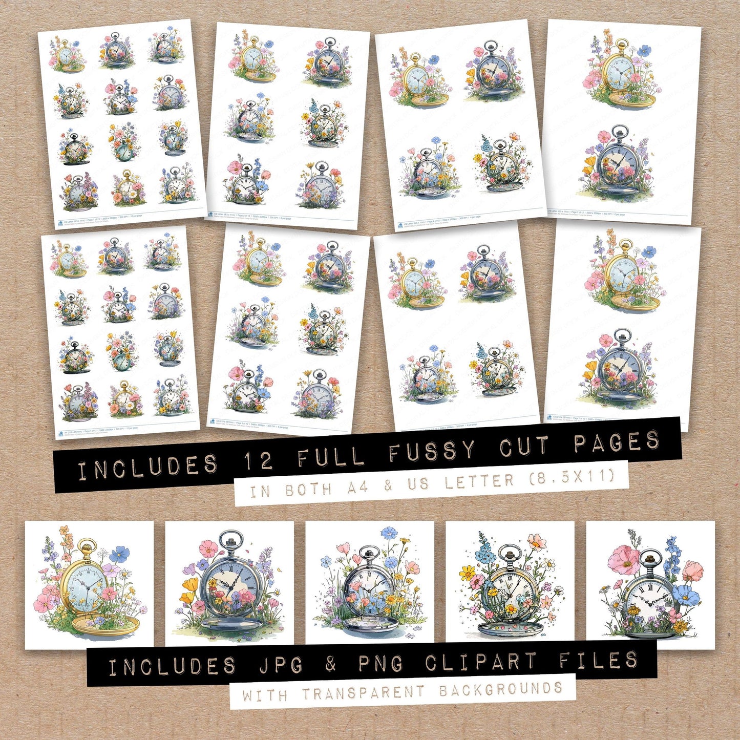 Full collection view of Wildflower Time Bloom fussy cut sheets with bonus clipart JPG and PNG files