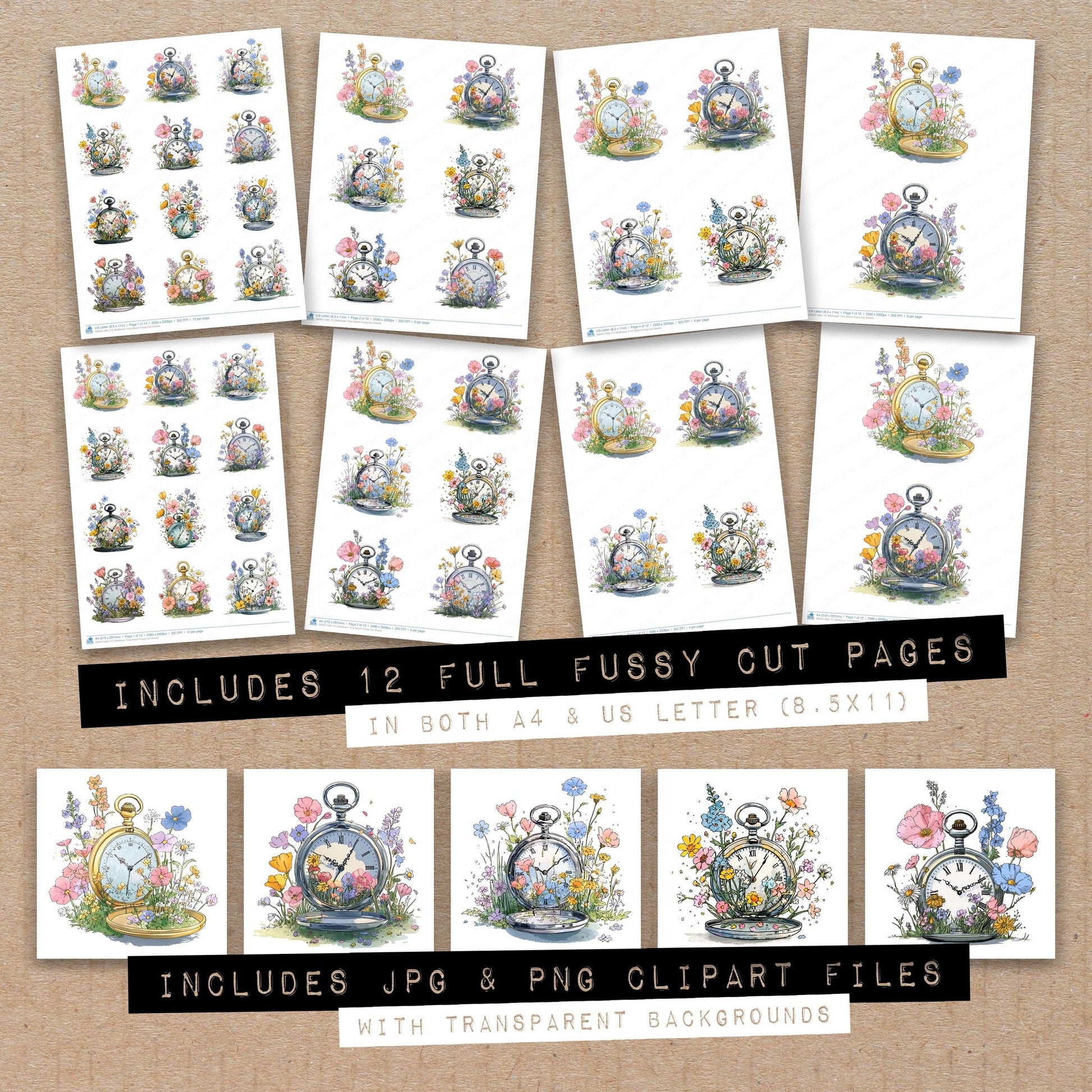 Full collection view of Wildflower Time Bloom fussy cut sheets with bonus clipart JPG and PNG files
