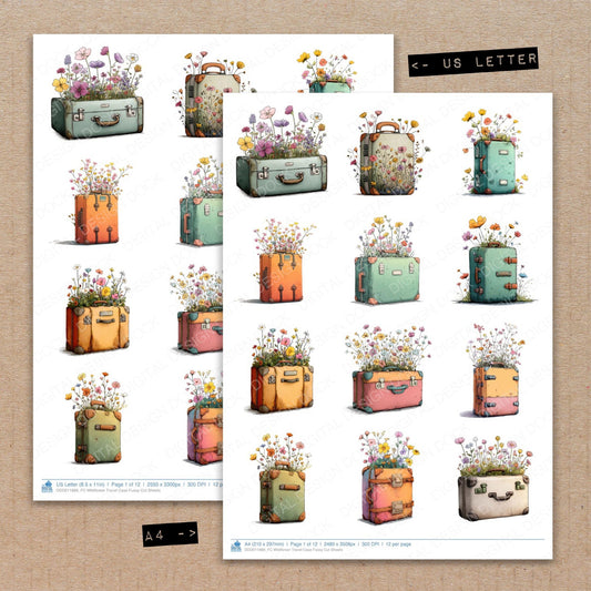 A4 and US Letter format comparison showing Wildflower Travel Case fussy cut pages for print and cut crafting