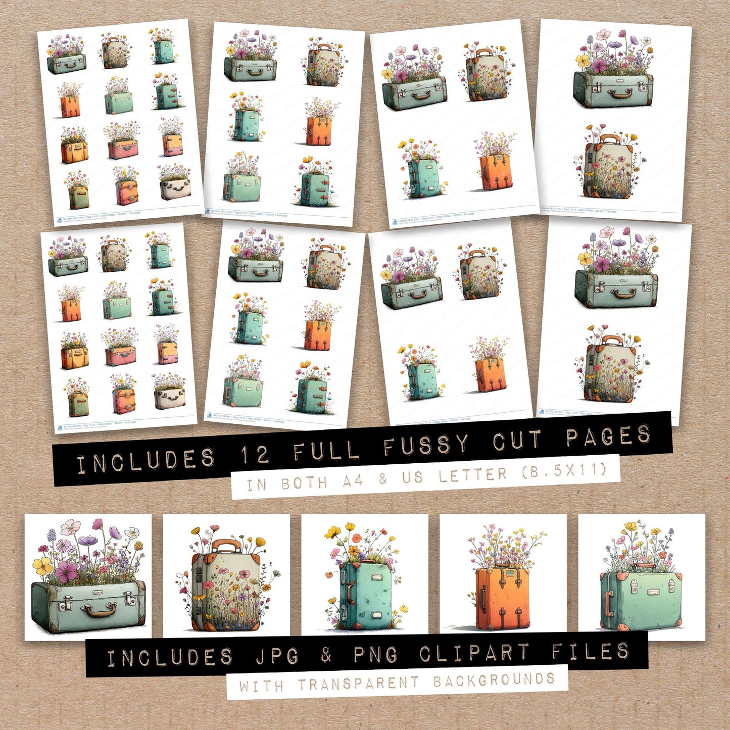 Full collection view of Wildflower Travel Case fussy cut sheets with bonus clipart JPG and PNG files