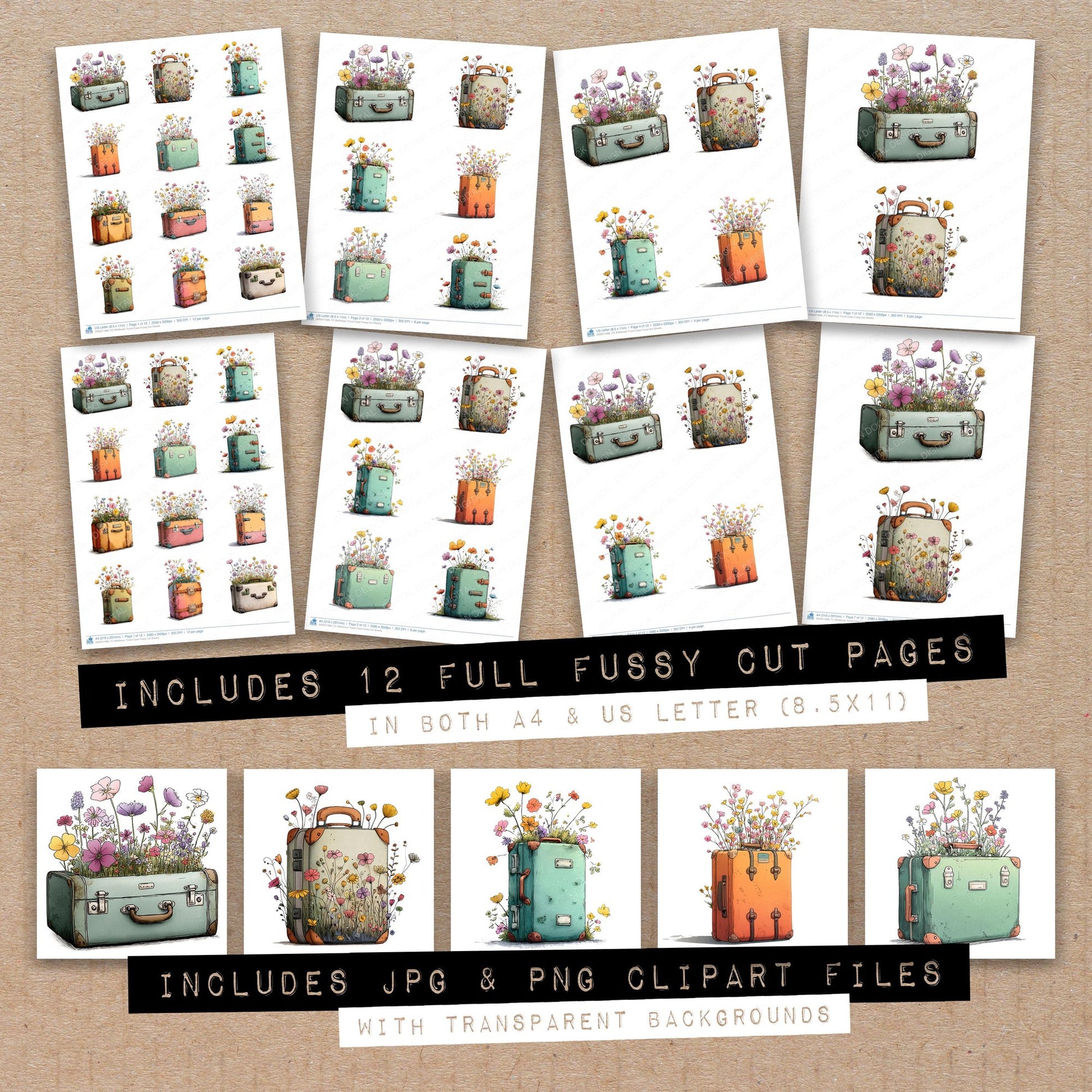 Full collection view of Wildflower Travel Case fussy cut sheets with bonus clipart JPG and PNG files