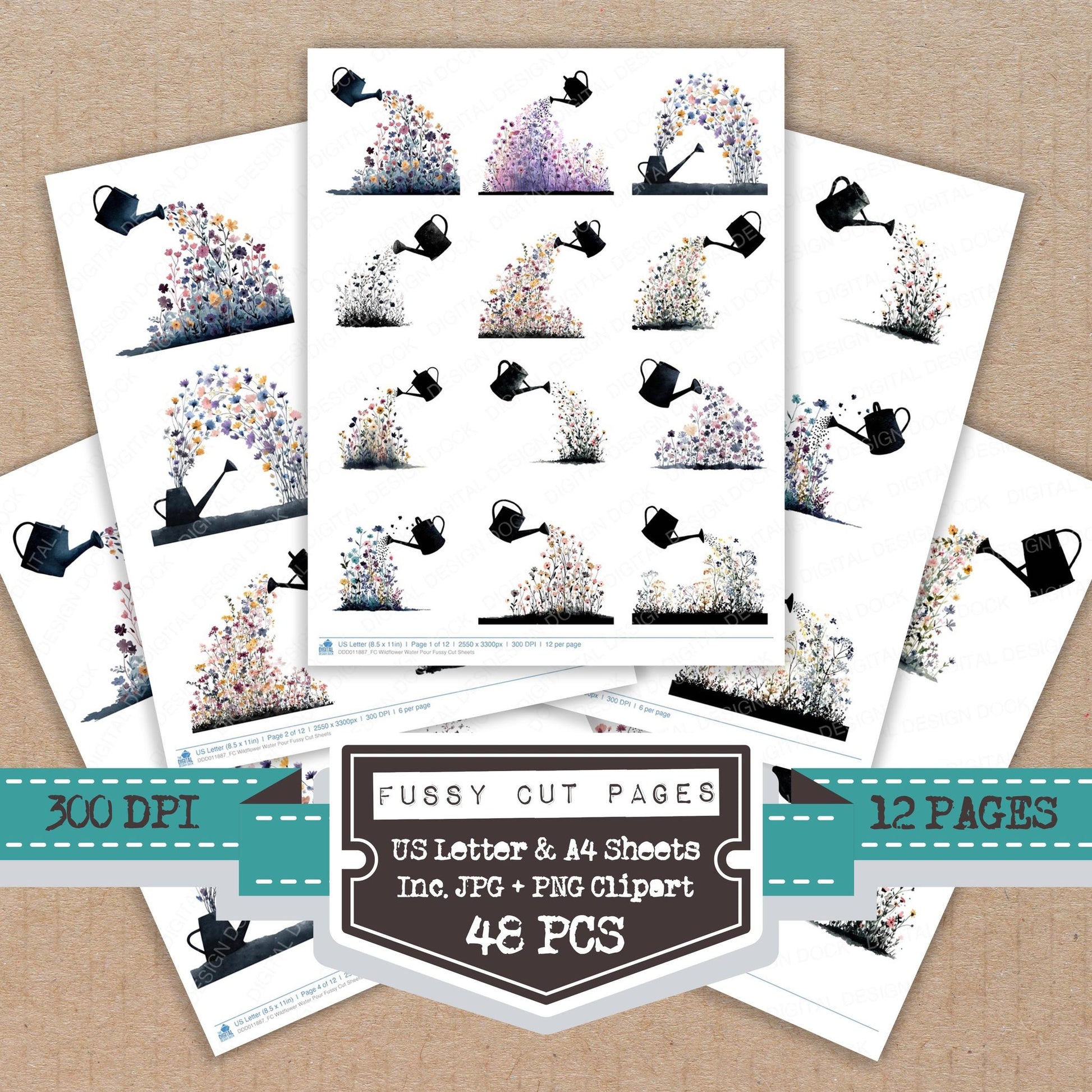 Wildflower Water Pour fussy cut printable sheets for junk journaling, scrapbooking, and paper craft projects