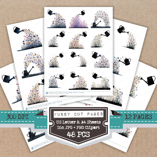 Wildflower Water Pour fussy cut printable sheets for junk journaling, scrapbooking, and paper craft projects