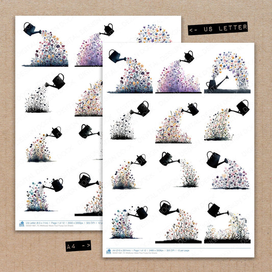 A4 and US Letter format comparison showing Wildflower Water Pour fussy cut pages for print and cut crafting