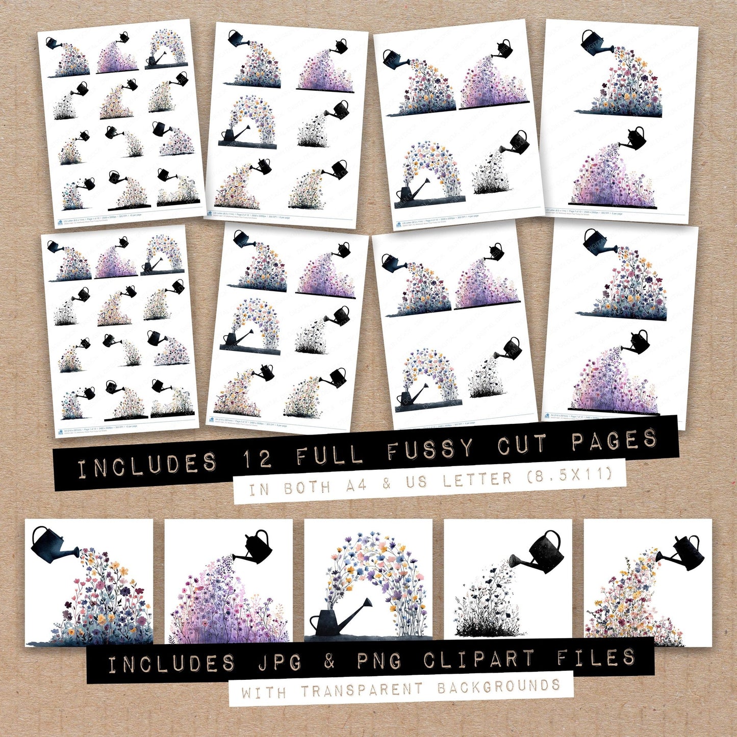 Full collection view of Wildflower Water Pour fussy cut sheets with bonus clipart JPG and PNG files