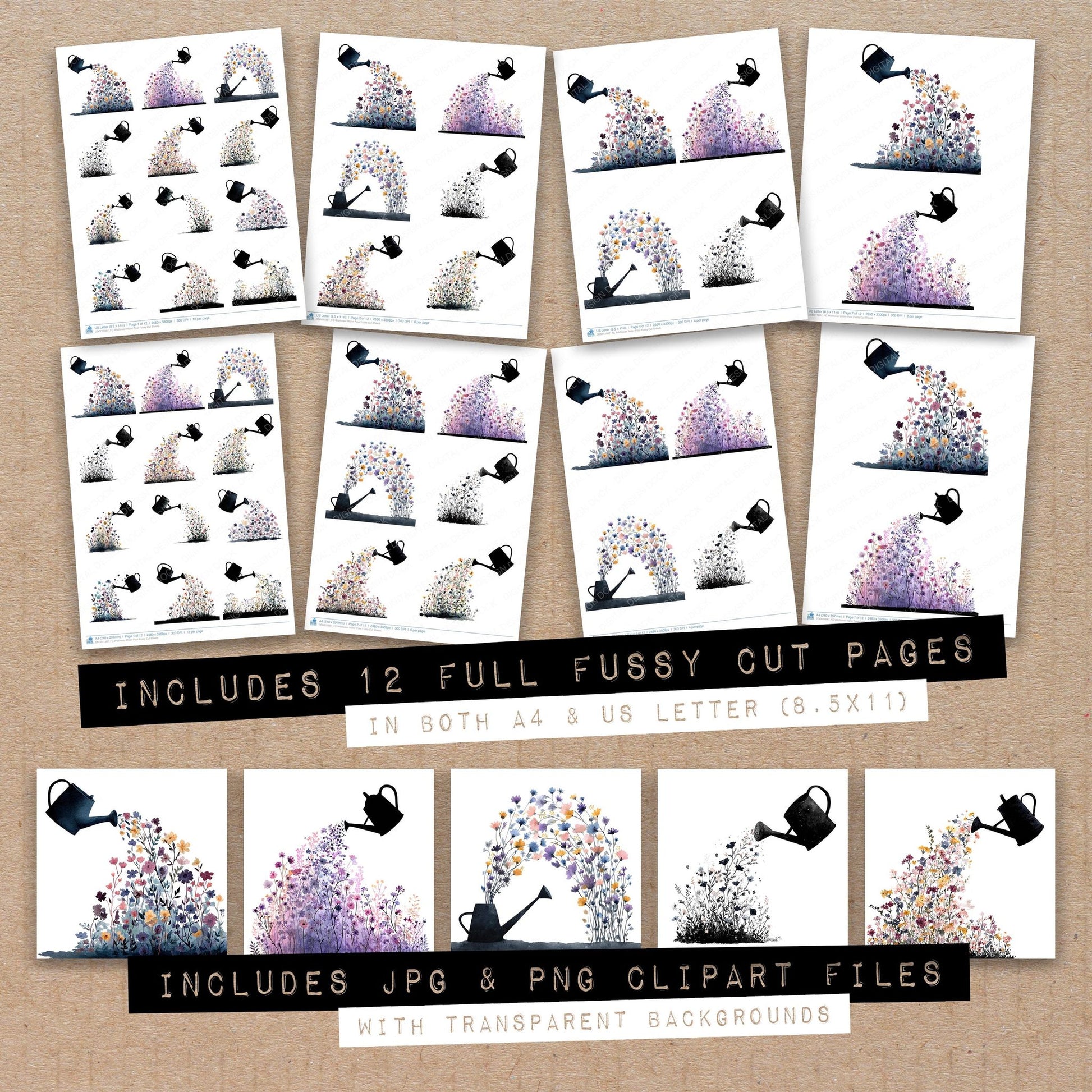 Full collection view of Wildflower Water Pour fussy cut sheets with bonus clipart JPG and PNG files