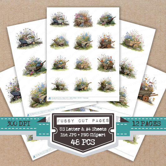 Wildflower Wheelbarrow fussy cut printable sheets for junk journaling, scrapbooking, and paper craft projects
