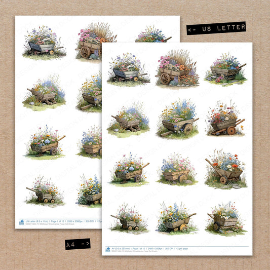 A4 and US Letter format comparison showing Wildflower Wheelbarrow fussy cut pages for print and cut crafting