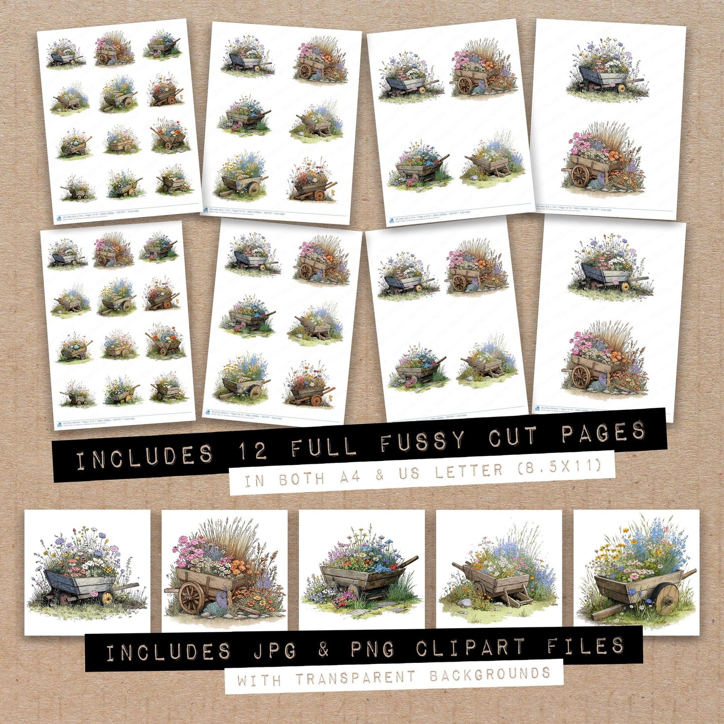 Full collection view of Wildflower Wheelbarrow fussy cut sheets with bonus clipart JPG and PNG files