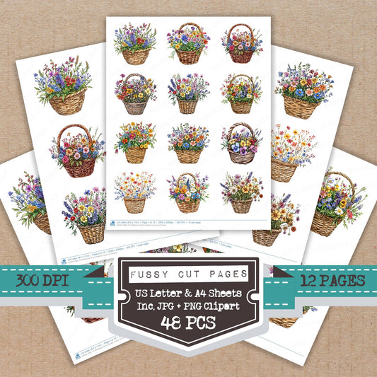Wildflower Wicker Basket fussy cut printable sheets for junk journaling, scrapbooking, and paper craft projects