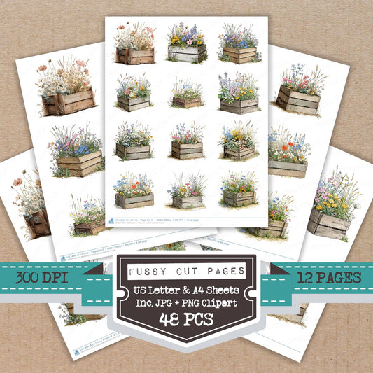 Wildflower Wooden Crate fussy cut printable sheets for junk journaling, scrapbooking, and paper craft projects