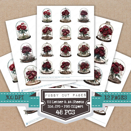 Wilted Flowers in Bell Jar fussy cut printable sheets for junk journaling, scrapbooking, and paper craft projects