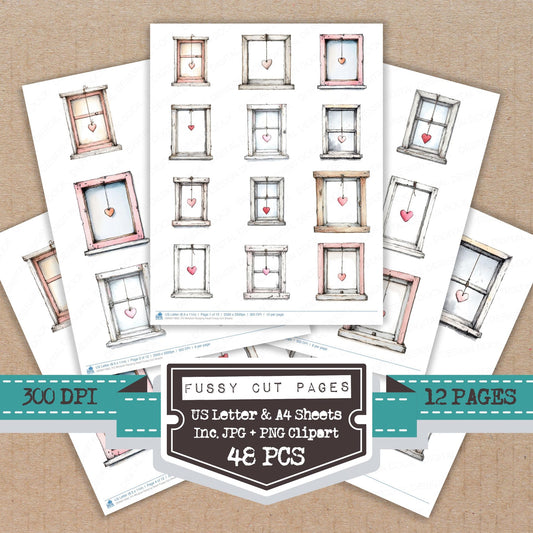 Window Hanging Heart fussy cut printable sheets for junk journaling, scrapbooking, and paper craft projects