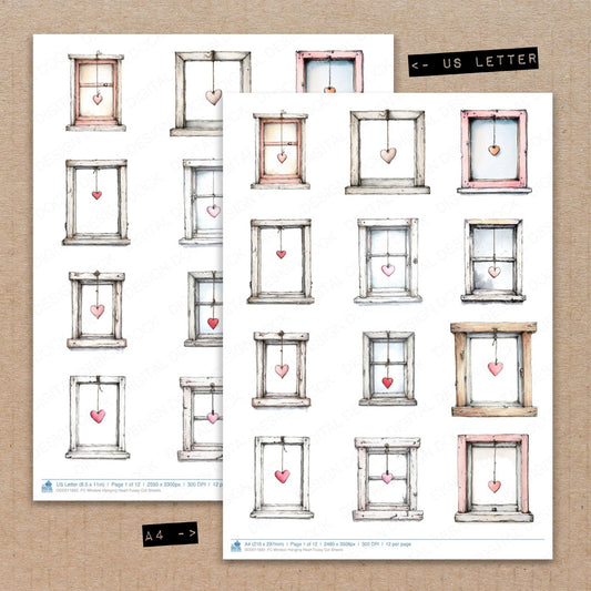 A4 and US Letter format comparison showing Window Hanging Heart fussy cut pages for print and cut crafting