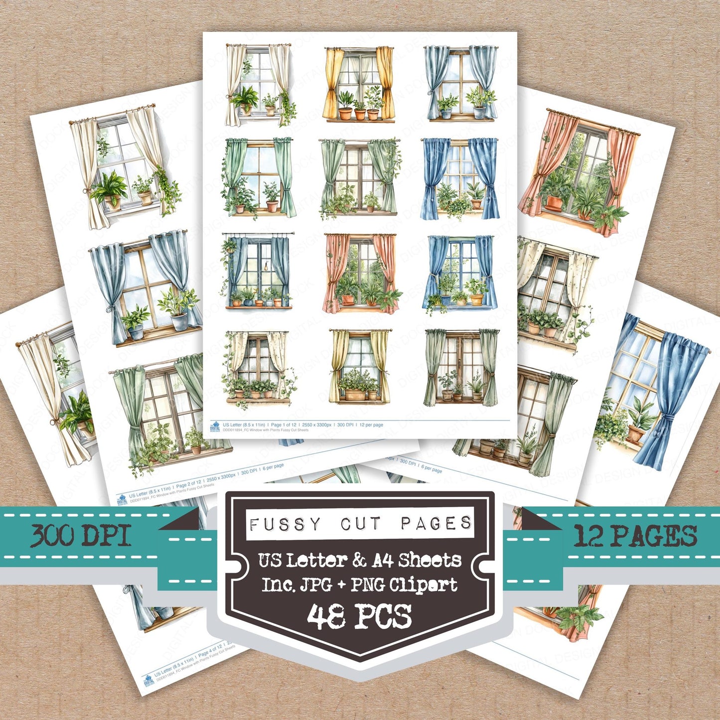Window with Plants fussy cut printable sheets for junk journaling, scrapbooking, and paper craft projects
