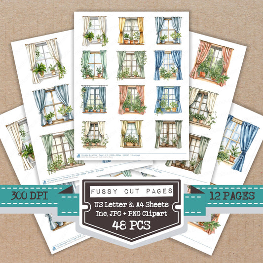 Window with Plants fussy cut printable sheets for junk journaling, scrapbooking, and paper craft projects