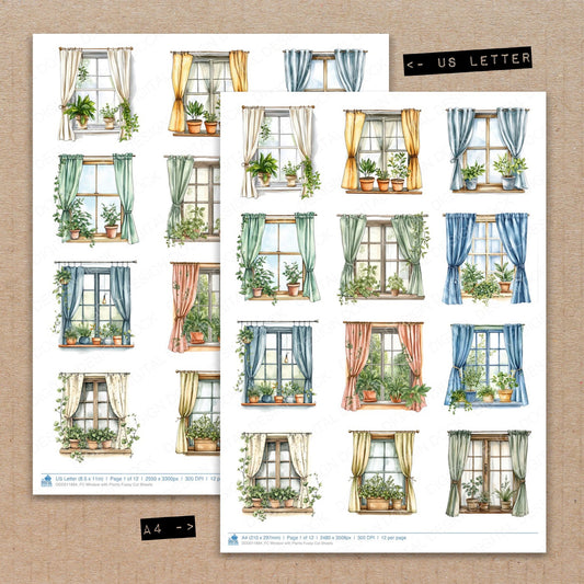 A4 and US Letter format comparison showing Window with Plants fussy cut pages for print and cut crafting