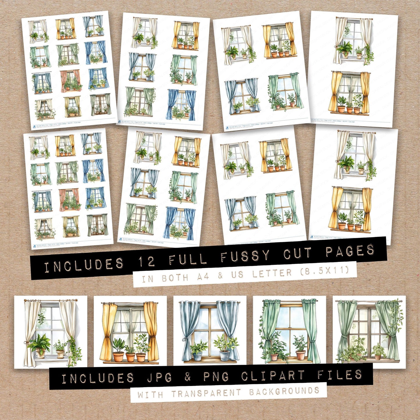 Full collection view of Window with Plants fussy cut sheets with bonus clipart JPG and PNG files