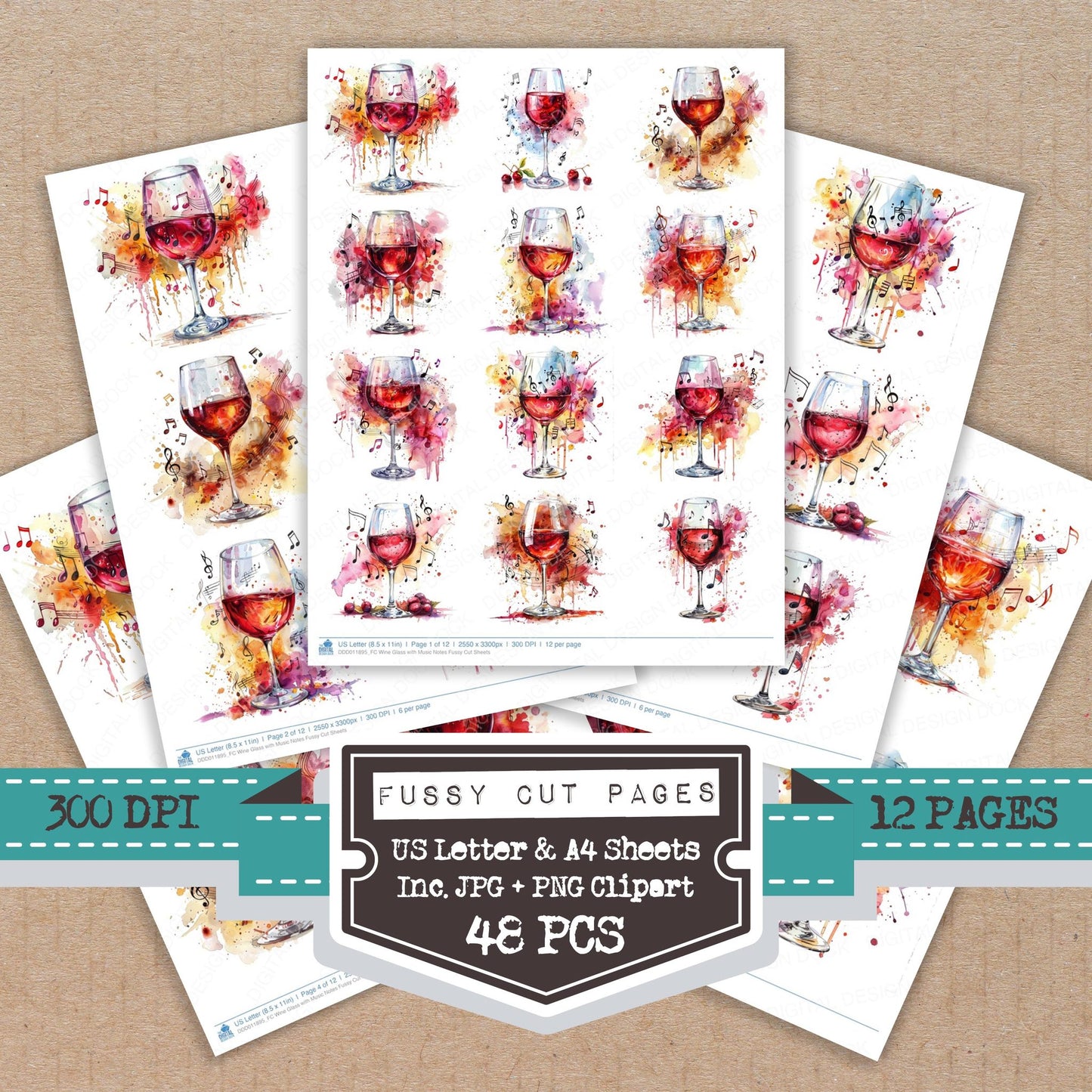 Wine Glass with Music Notes fussy cut printable sheets for junk journaling, scrapbooking, and paper craft projects