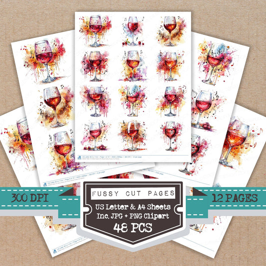 Wine Glass with Music Notes fussy cut printable sheets for junk journaling, scrapbooking, and paper craft projects