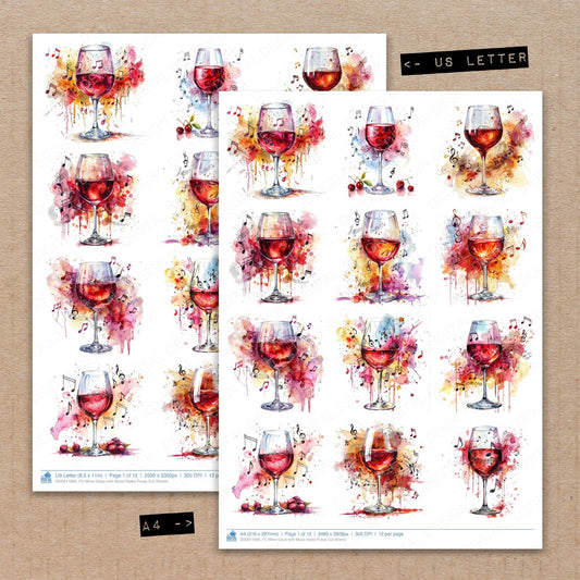 A4 and US Letter format comparison showing Wine Glass with Music Notes fussy cut pages for print and cut crafting