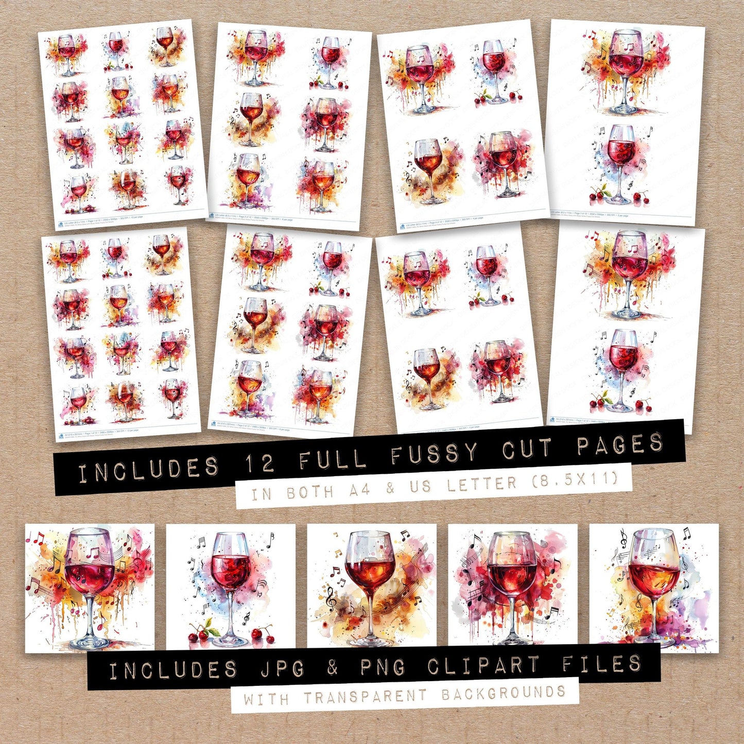 Full collection view of Wine Glass with Music Notes fussy cut sheets with bonus clipart JPG and PNG files