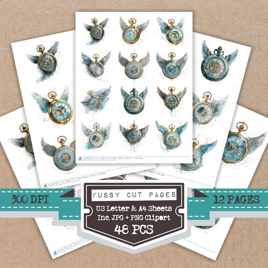 Winged Pocket Watch fussy cut printable sheets for junk journaling, scrapbooking, and paper craft projects