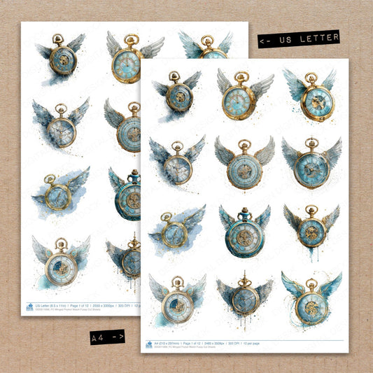 A4 and US Letter format comparison showing Winged Pocket Watch fussy cut pages for print and cut crafting