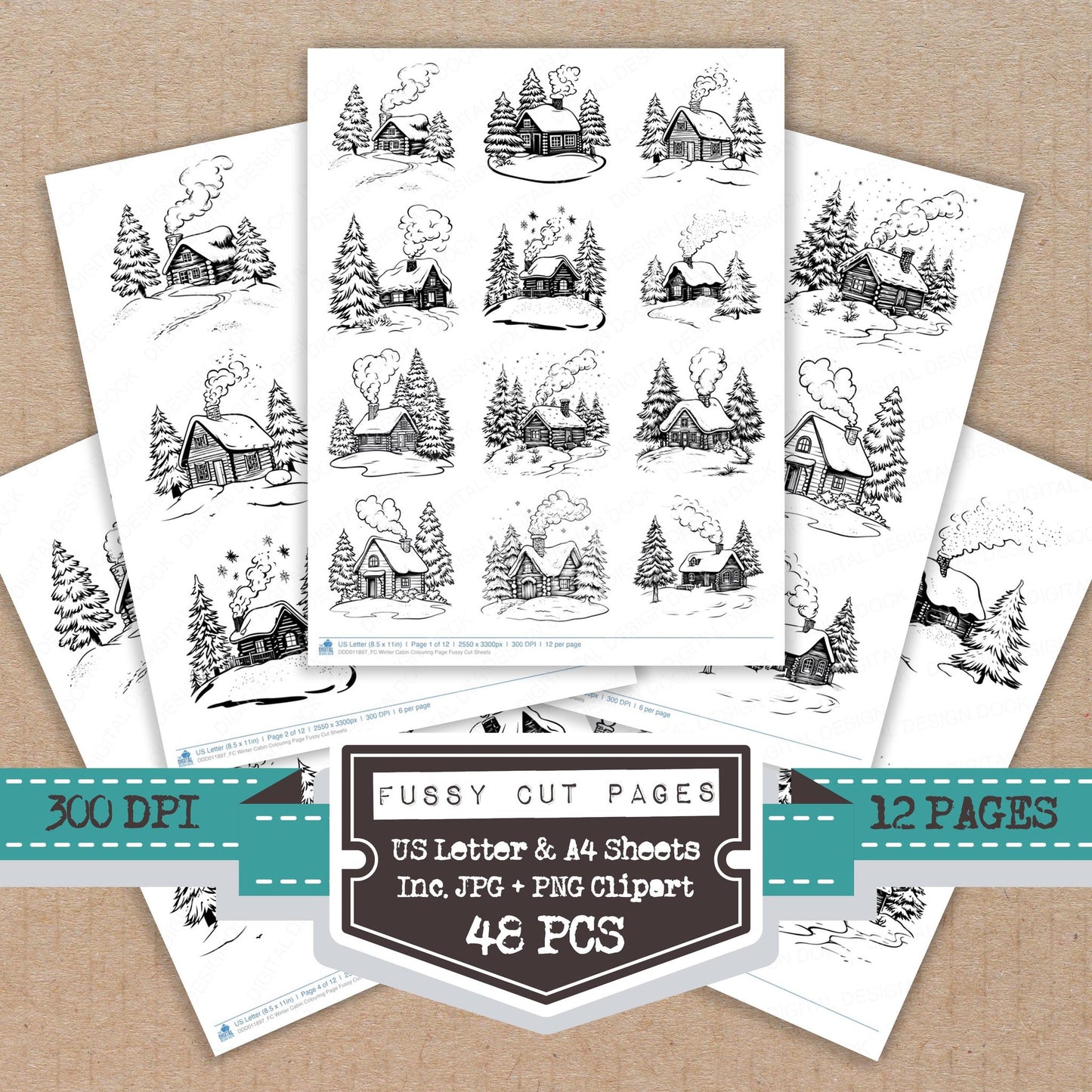 Winter Cabin Colouring Page fussy cut printable sheets for junk journaling, scrapbooking, and paper craft projects