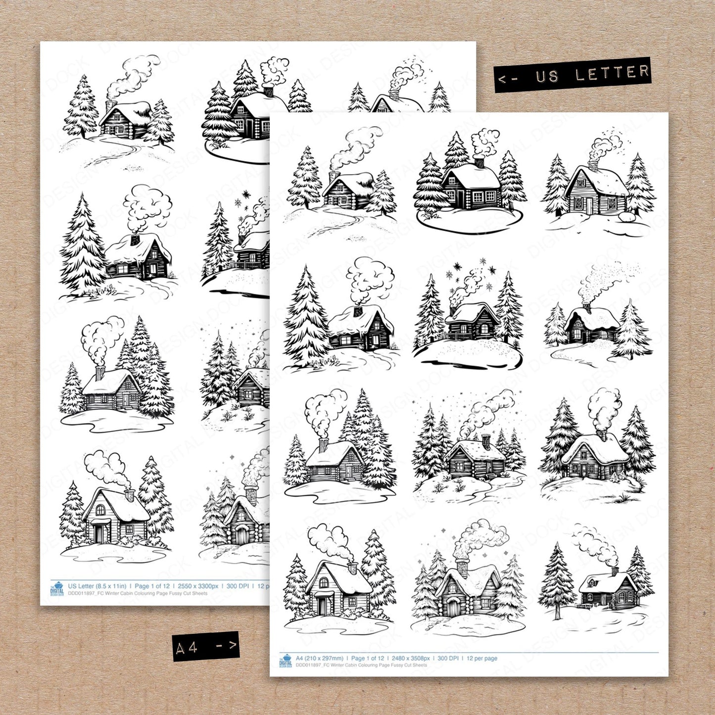 A4 and US Letter format comparison showing Winter Cabin Colouring Page fussy cut pages for print and cut crafting