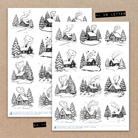 A4 and US Letter format comparison showing Winter Cabin Colouring Page fussy cut pages for print and cut crafting