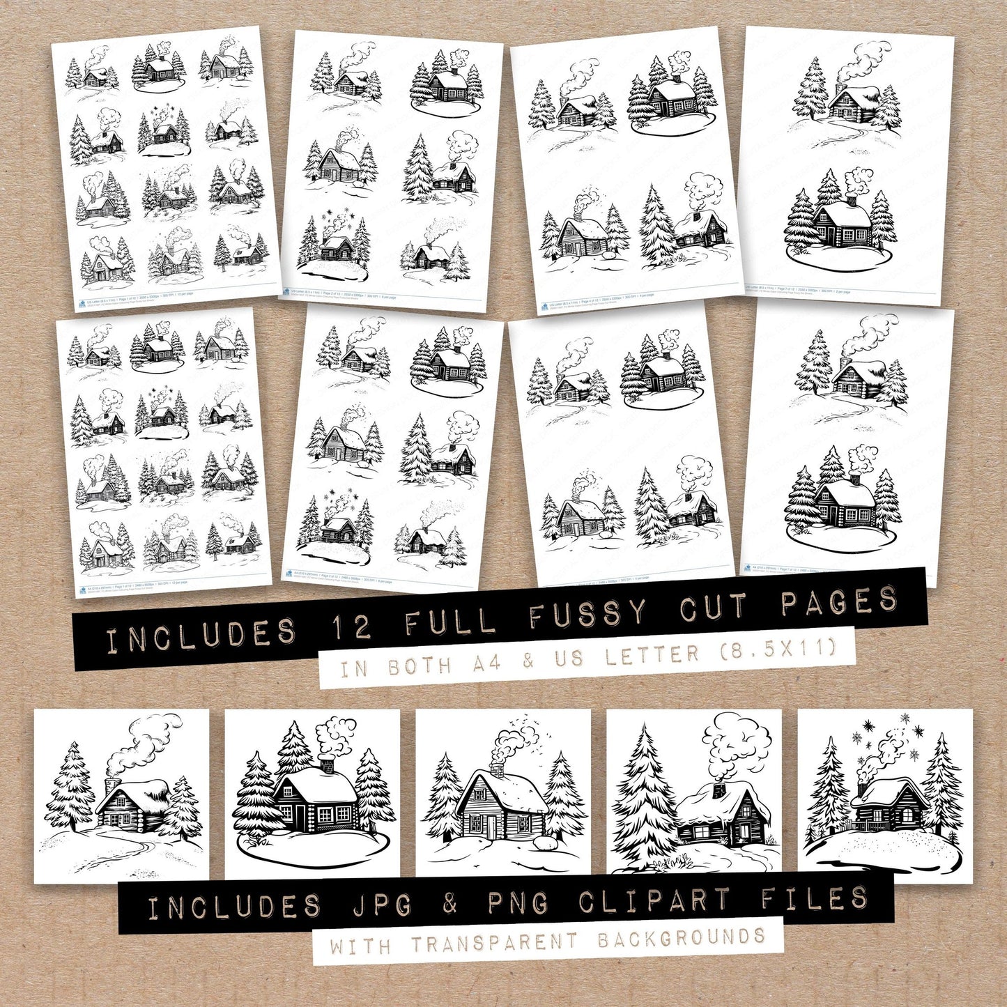 Full collection view of Winter Cabin Colouring Page fussy cut sheets with bonus clipart JPG and PNG files