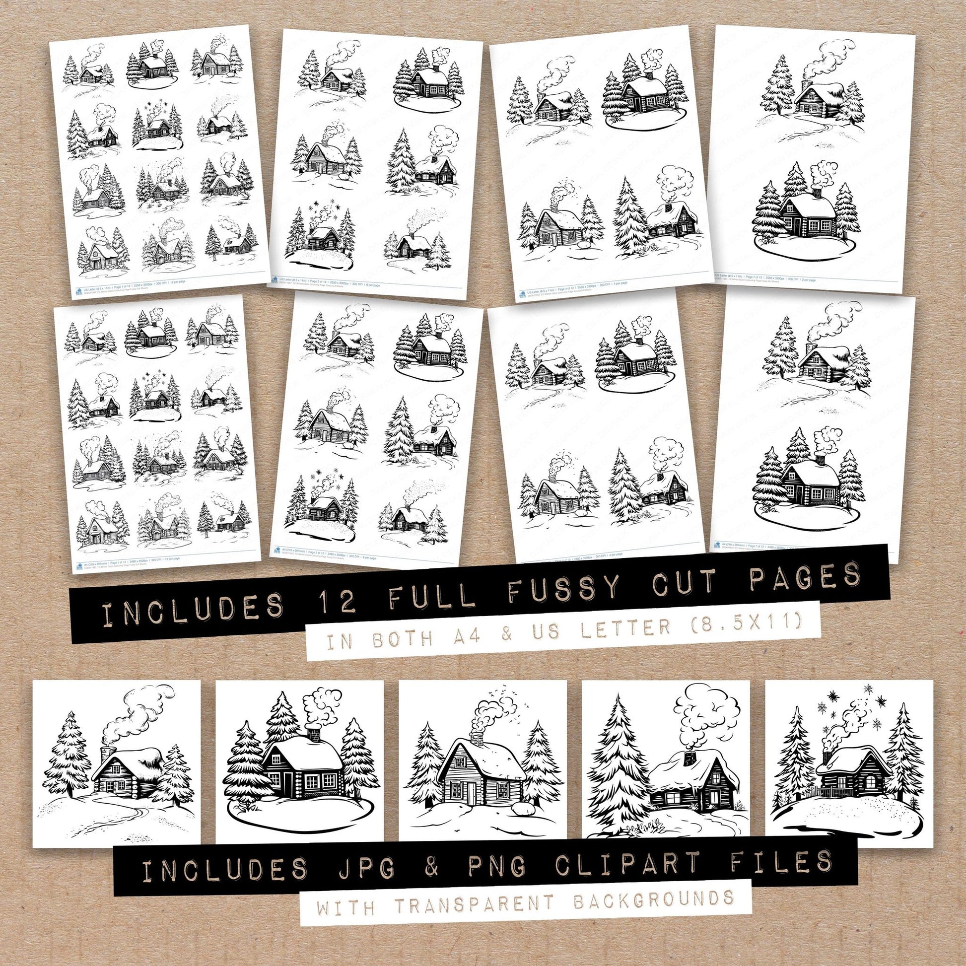 Full collection view of Winter Cabin Colouring Page fussy cut sheets with bonus clipart JPG and PNG files