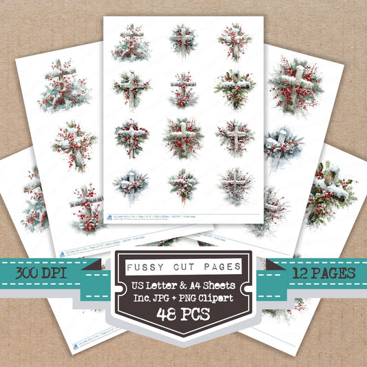 Winter Cross with Snow and Pine fussy cut printable sheets for junk journaling, scrapbooking, and paper craft projects