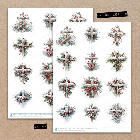 A4 and US Letter format comparison showing Winter Cross with Snow and Pine fussy cut pages for print and cut crafting
