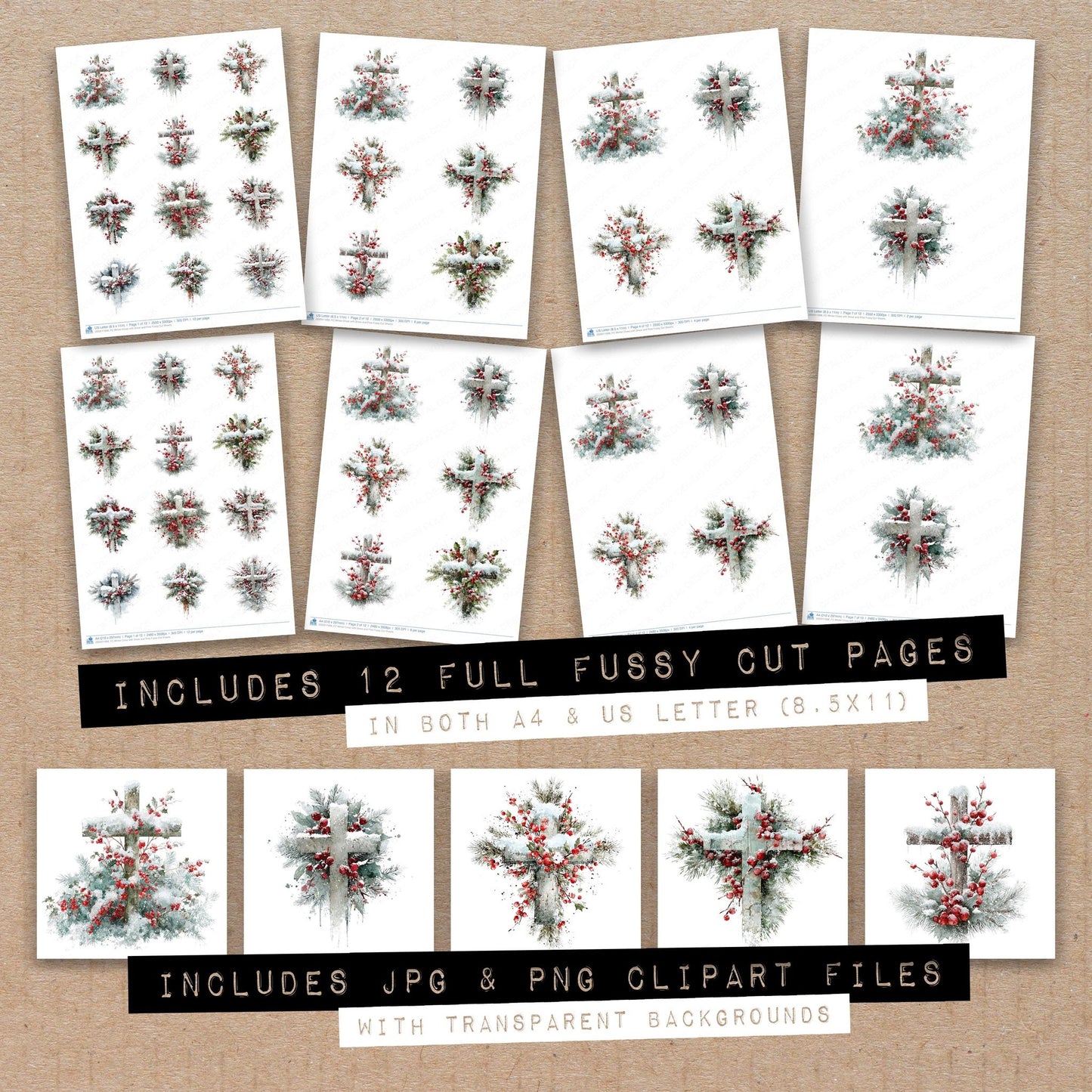 Full collection view of Winter Cross with Snow and Pine fussy cut sheets with bonus clipart JPG and PNG files