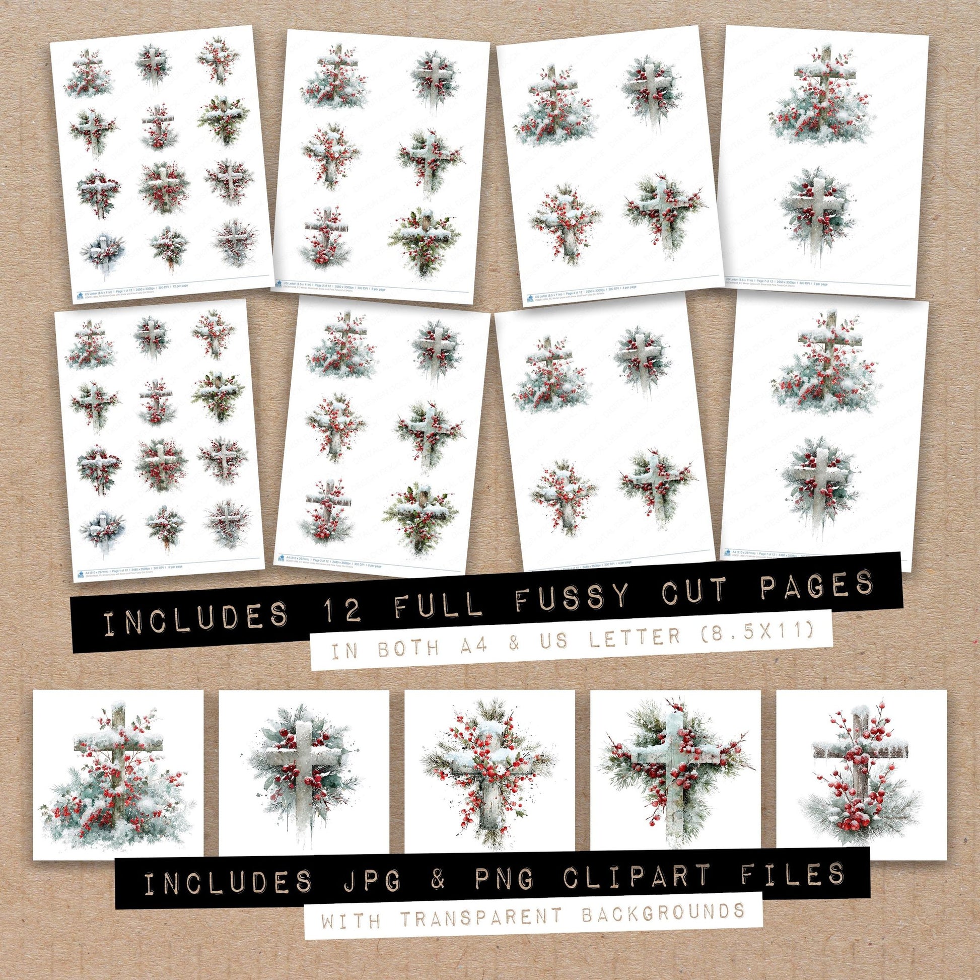 Full collection view of Winter Cross with Snow and Pine fussy cut sheets with bonus clipart JPG and PNG files