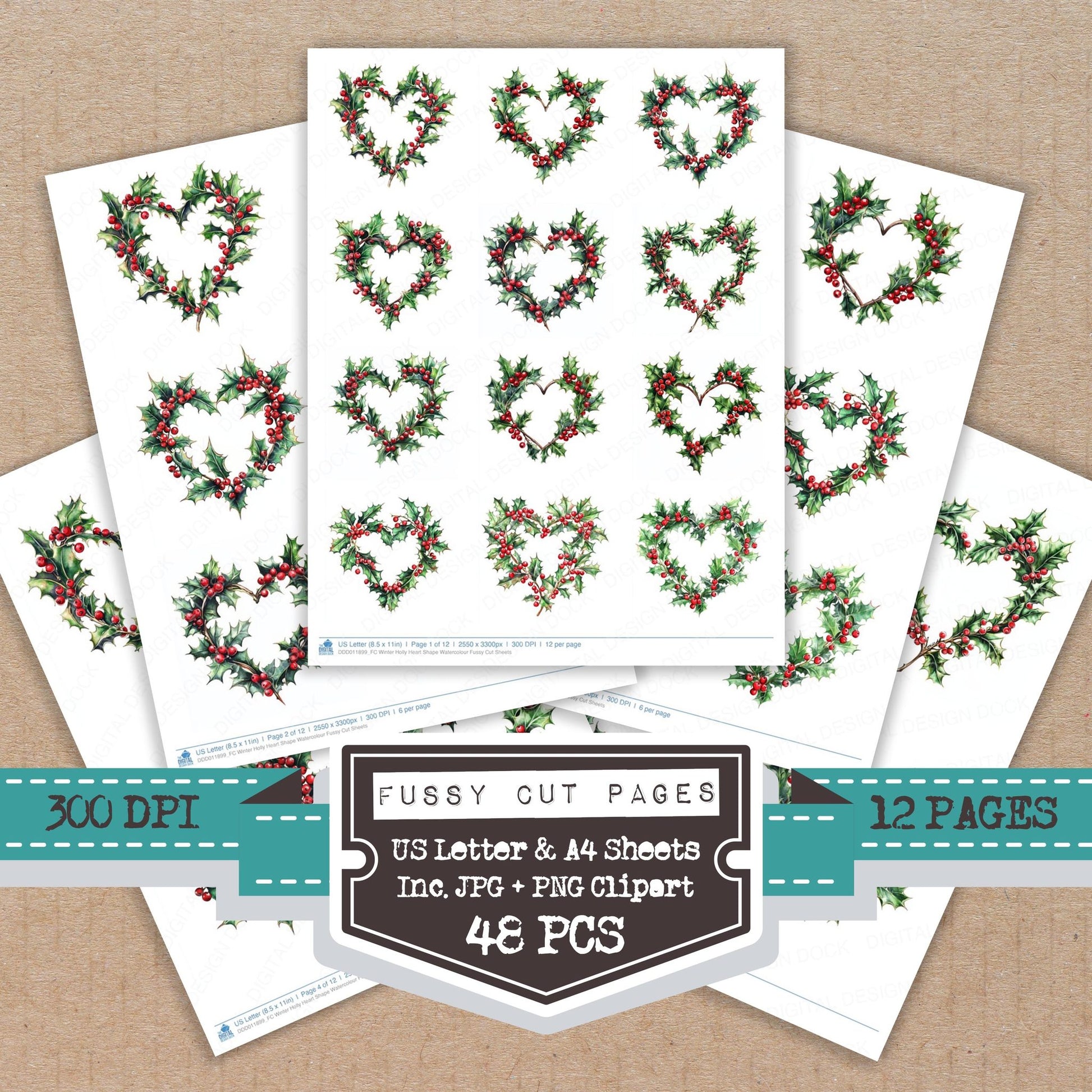 Winter Holly Heart Shape Watercolour fussy cut printable sheets for junk journaling, scrapbooking, and paper craft projects