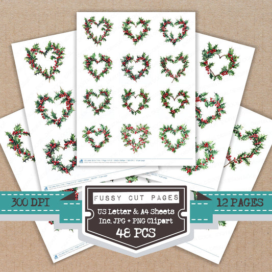 Winter Holly Heart Shape Watercolour fussy cut printable sheets for junk journaling, scrapbooking, and paper craft projects