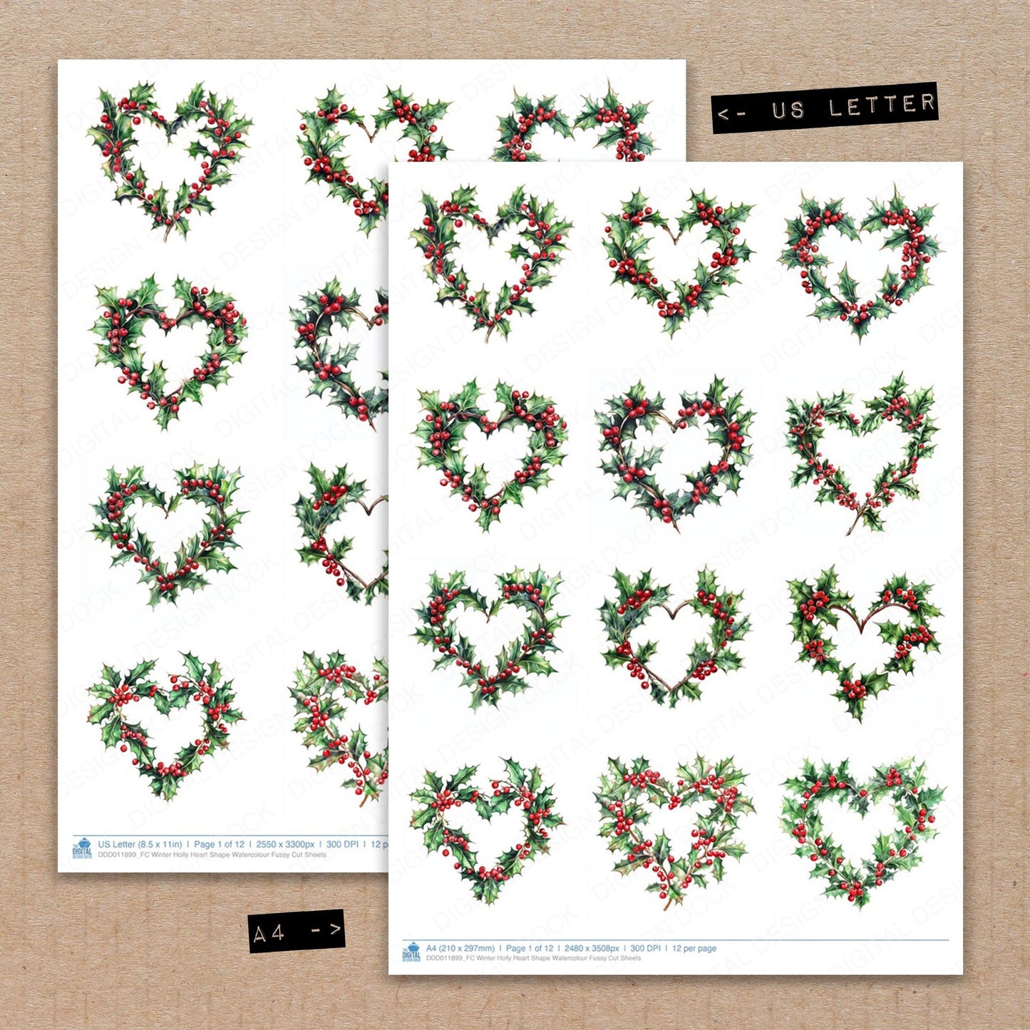 A4 and US Letter format comparison showing Winter Holly Heart Shape Watercolour fussy cut pages for print and cut crafting