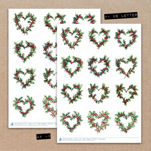 A4 and US Letter format comparison showing Winter Holly Heart Shape Watercolour fussy cut pages for print and cut crafting