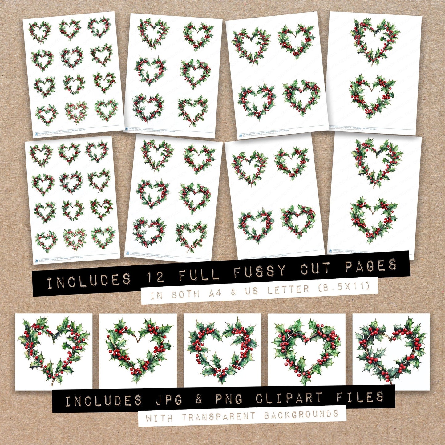 Full collection view of Winter Holly Heart Shape Watercolour fussy cut sheets with bonus clipart JPG and PNG files
