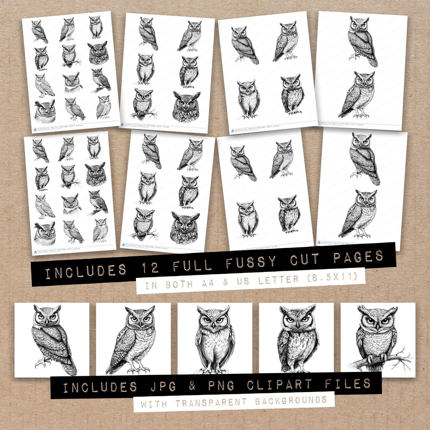 Full collection view of Wise Owl Drawing fussy cut sheets with bonus clipart JPG and PNG files