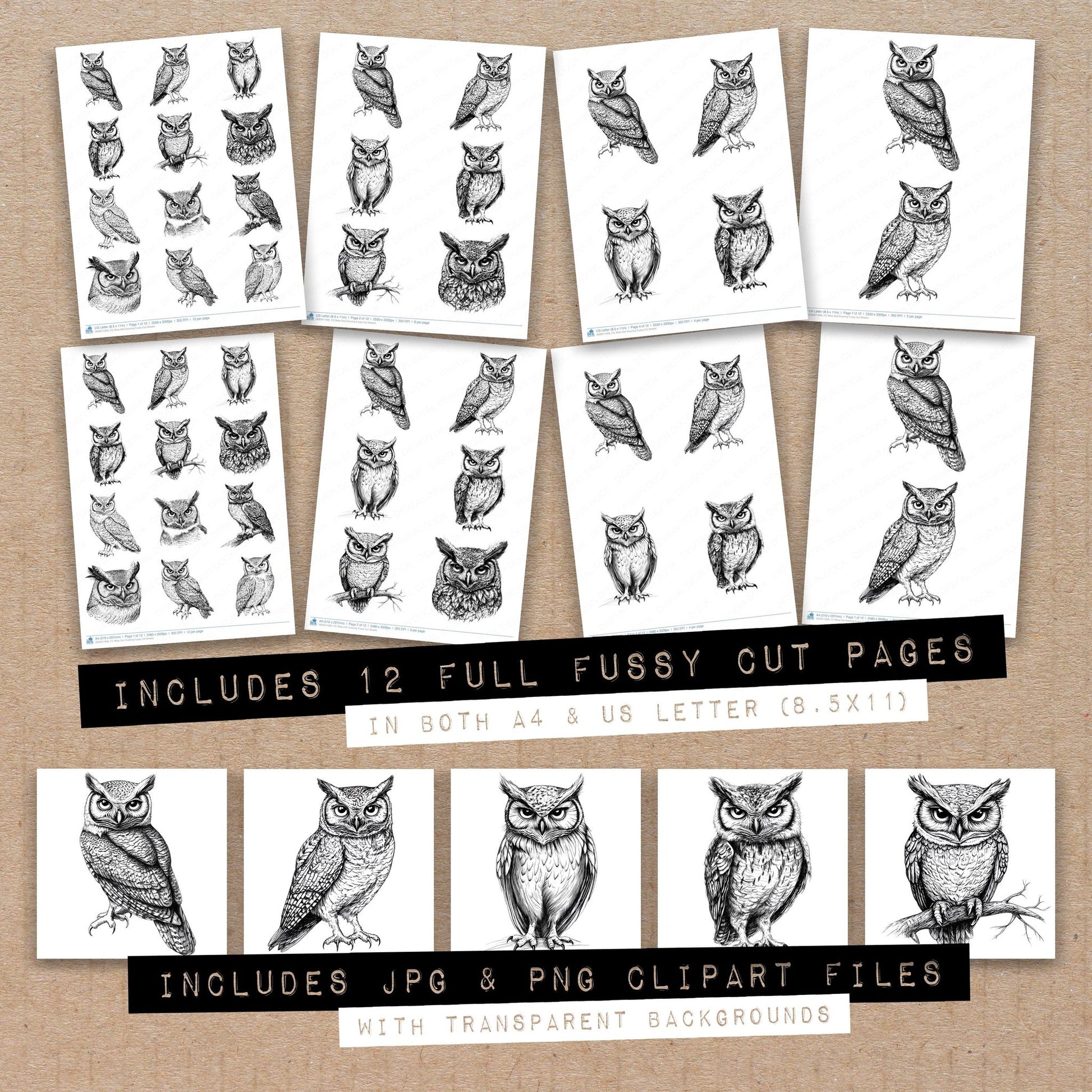 Full collection view of Wise Owl Drawing fussy cut sheets with bonus clipart JPG and PNG files