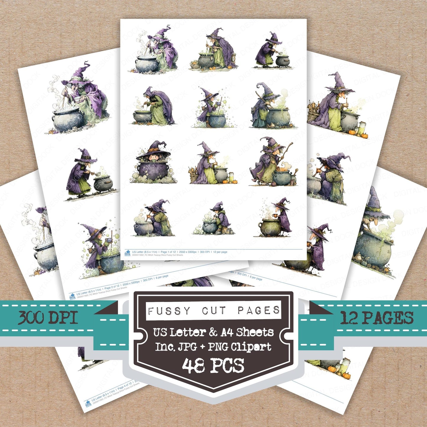 Witch Teacup Brew fussy cut printable sheets for junk journaling, scrapbooking, and paper craft projects