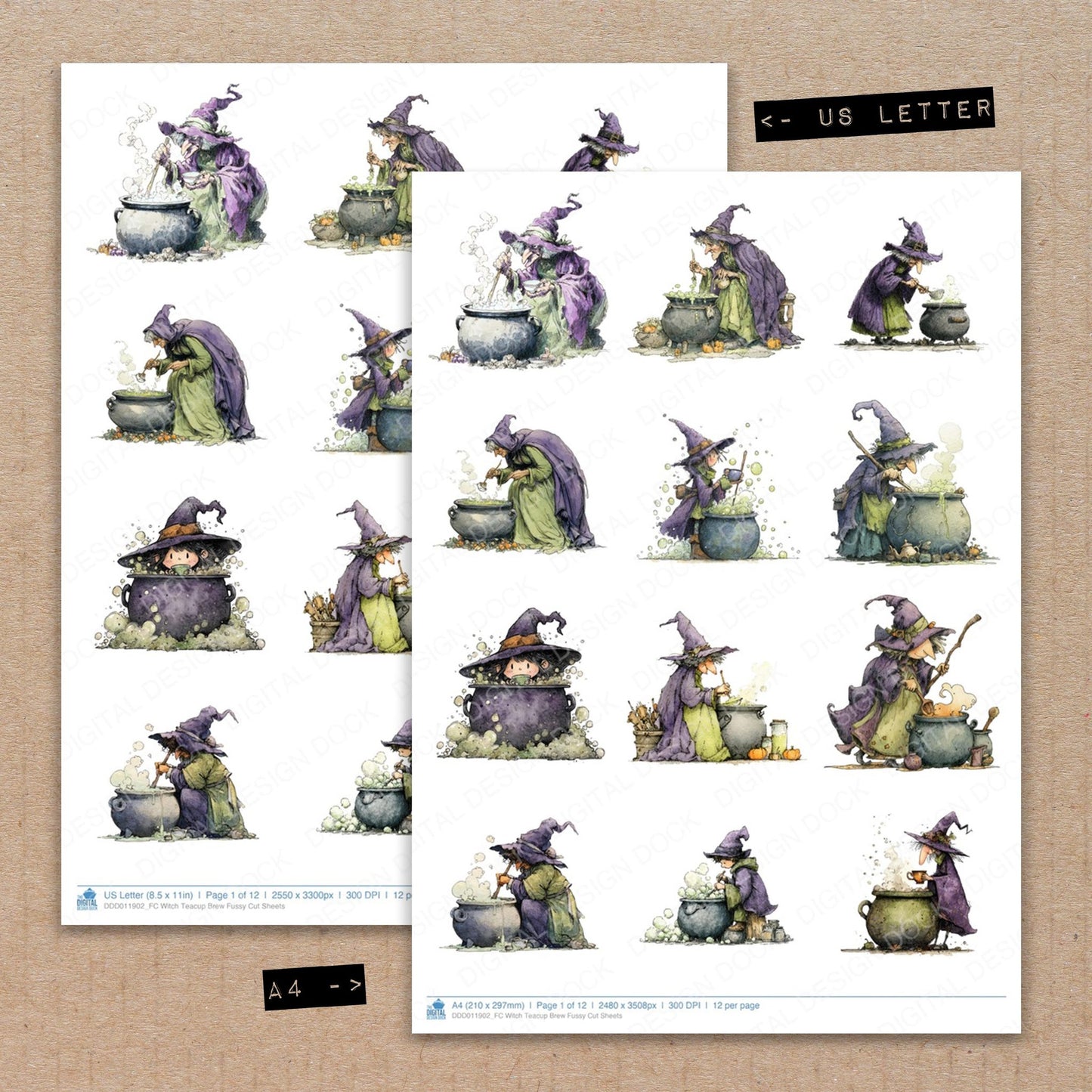 A4 and US Letter format comparison showing Witch Teacup Brew fussy cut pages for print and cut crafting