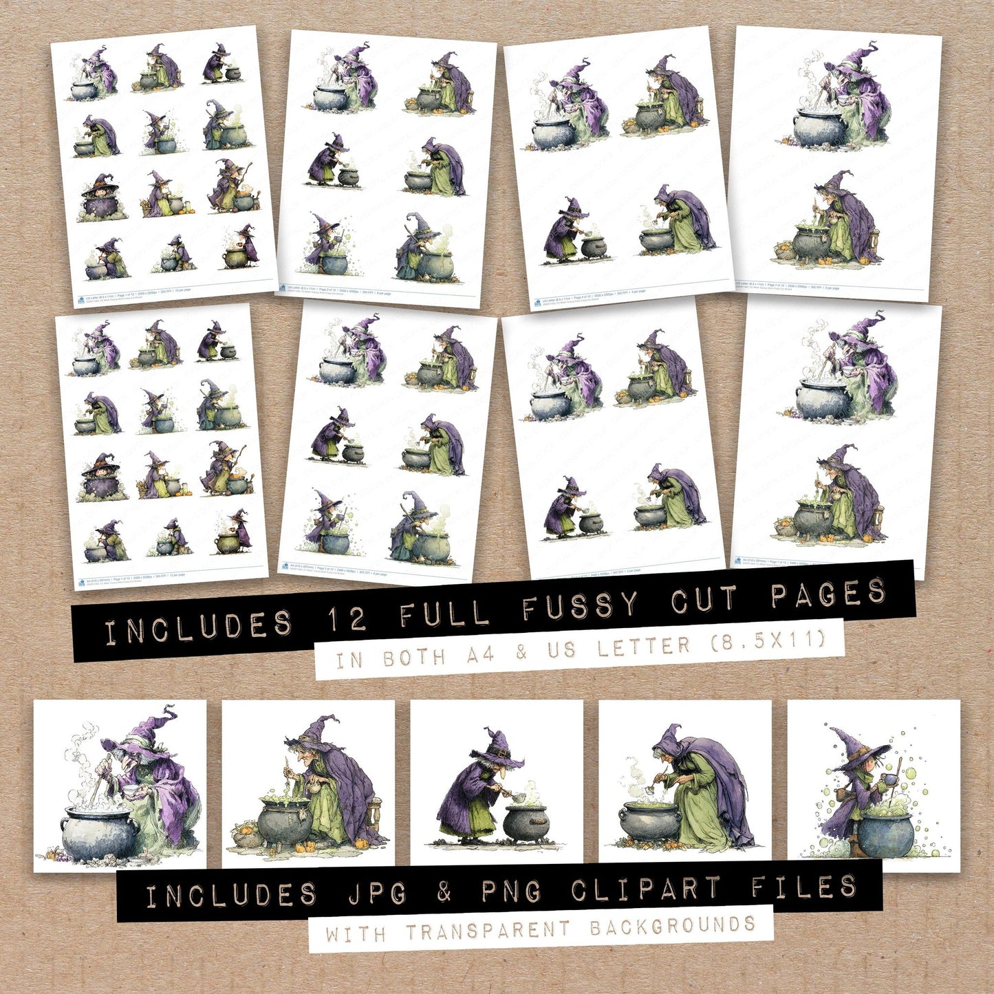 Full collection view of Witch Teacup Brew fussy cut sheets with bonus clipart JPG and PNG files