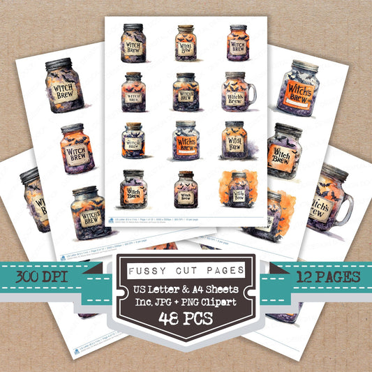 Witchs Brew Halloween Jar fussy cut printable sheets for junk journaling, scrapbooking, and paper craft projects