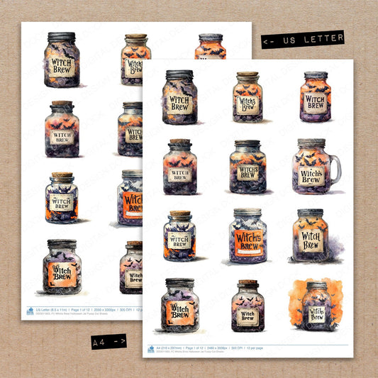 A4 and US Letter format comparison showing Witchs Brew Halloween Jar fussy cut pages for print and cut crafting